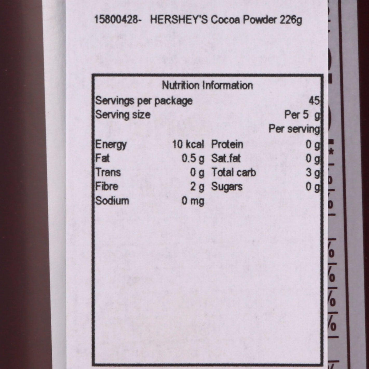 Cocoa powder nutrition facts panel showing serving size and nutrient amounts.