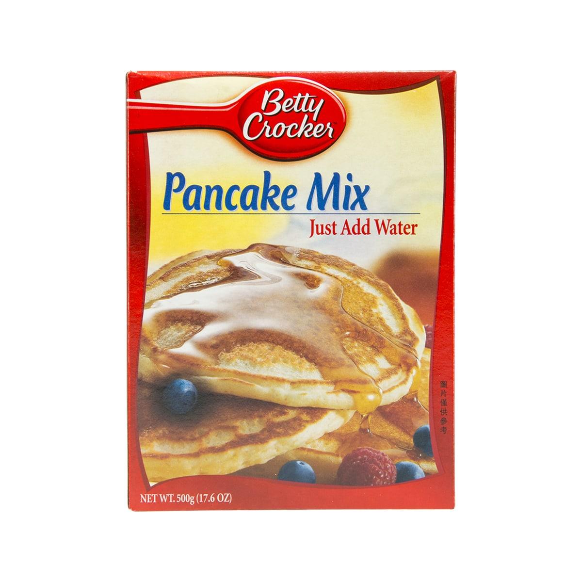 Pancake mix box with Betty Crocker logo and Just Add Water text, 500g