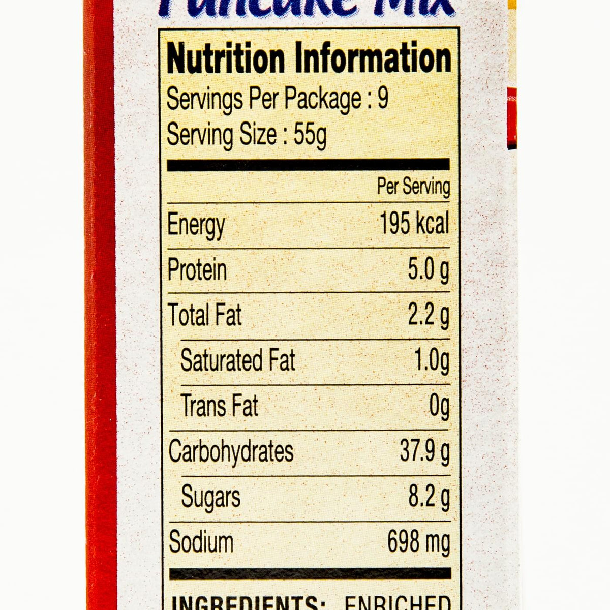 Pancake mix box nutrition facts close-up with servings per package
