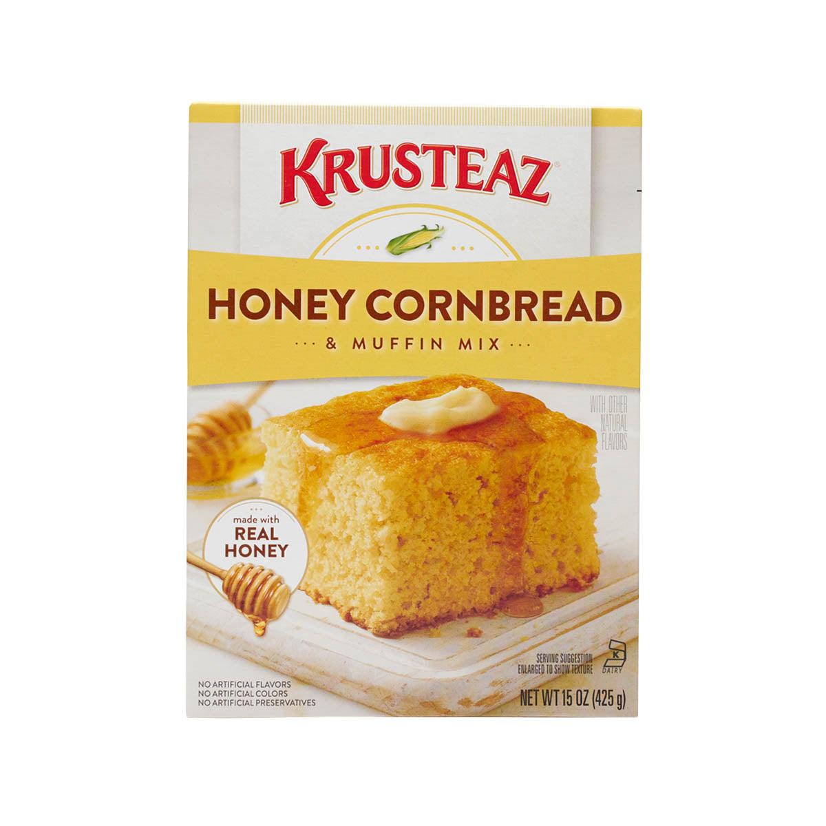 Honey cornbread and muffin mix box with KRUSTEAZ logo and golden cornbread photo