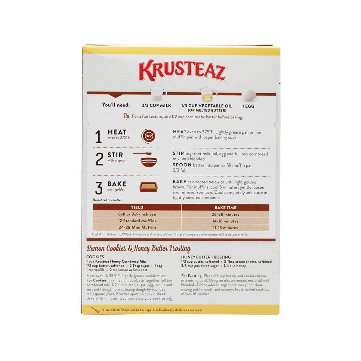 Honey cornbread and muffin mix box back panel with cooking steps and bake timing