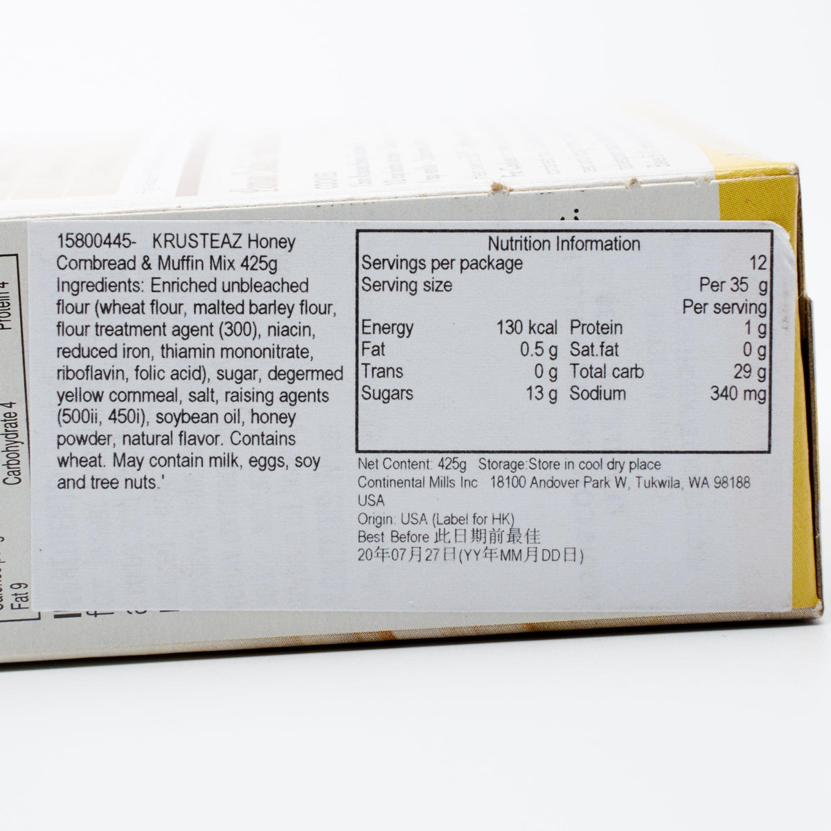 Honey cornbread and muffin mix box with nutrition information and ingredients list