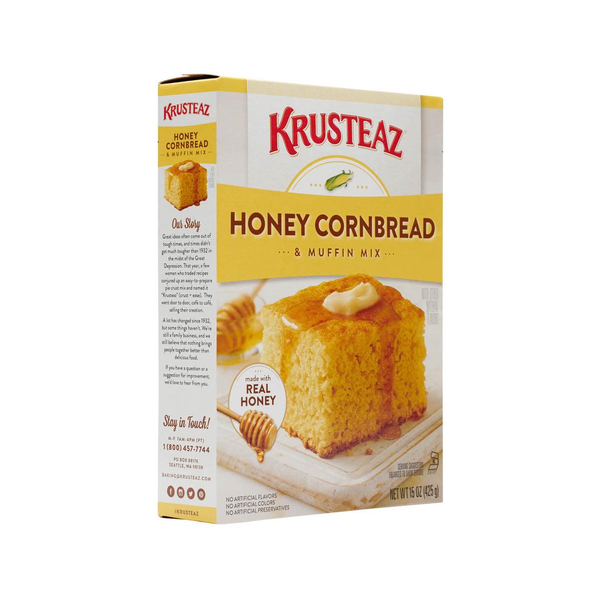 Honey cornbread and muffin mix box side view showing ingredient and honey graphics