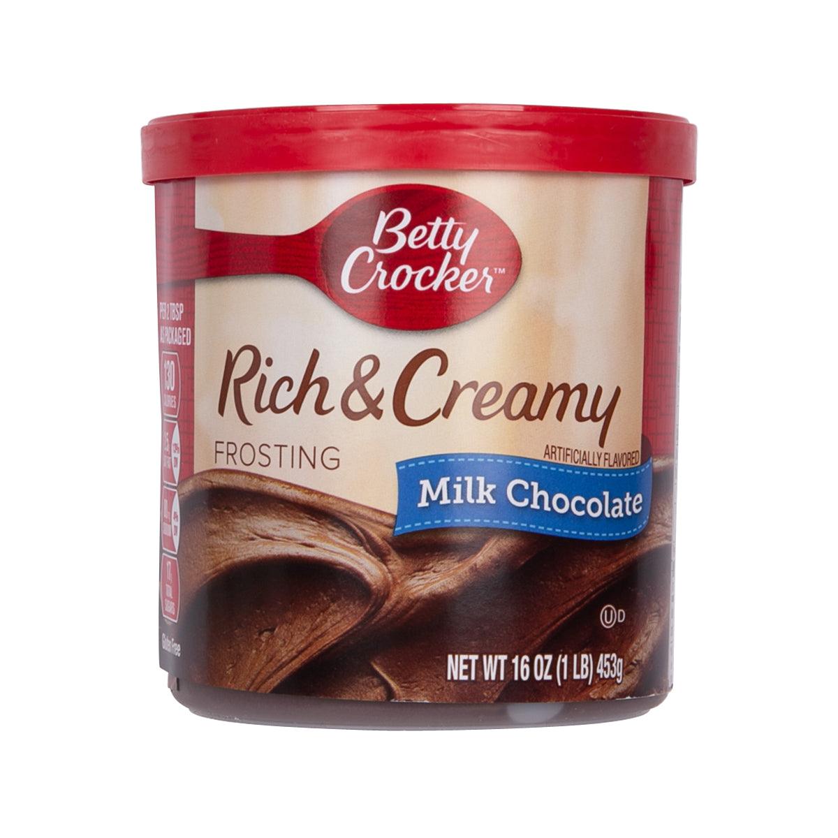 Betty Crocker milk chocolate frosting tub, rich & creamy, 16 oz (453g).