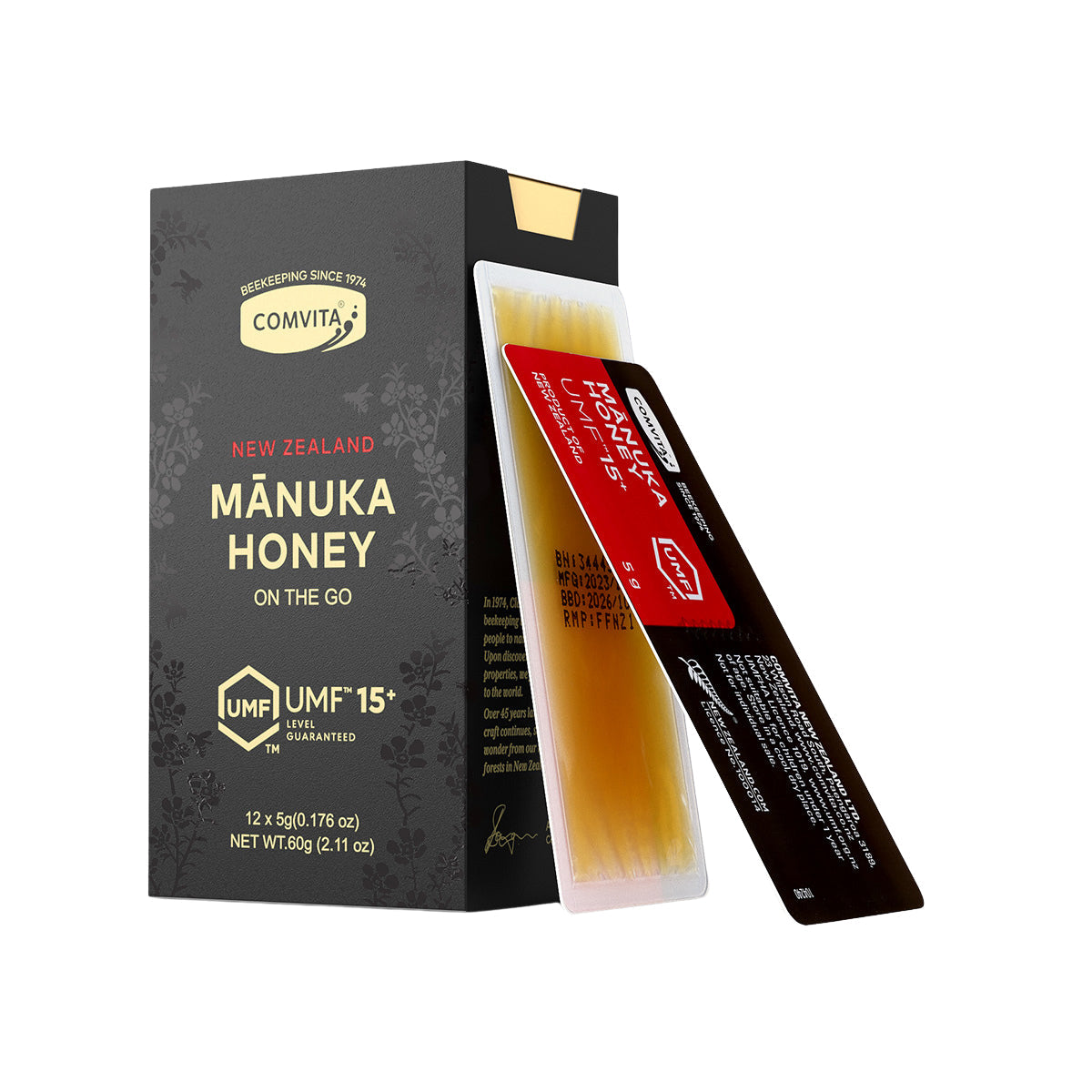 Manuka honey UMF 15+ snap pack, boxed with single honey stick applicator