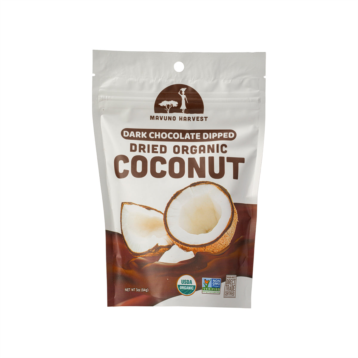 Organic dark chocolate dipped dried coconut snack pouch with coconut graphic