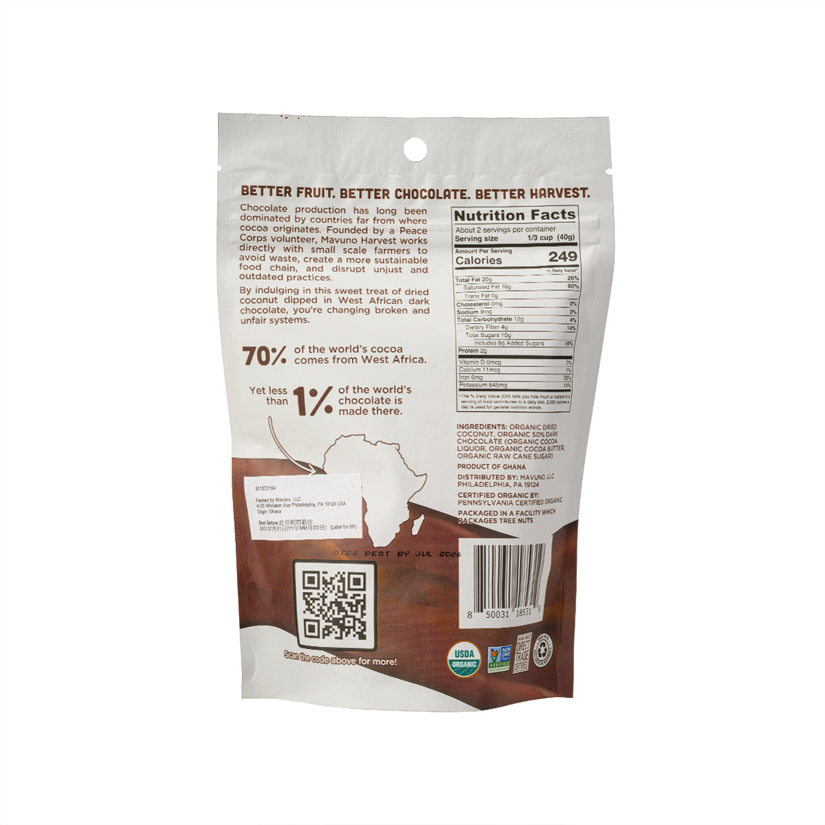 Organic dark chocolate dipped dried coconut snack pouch back with nutrition facts