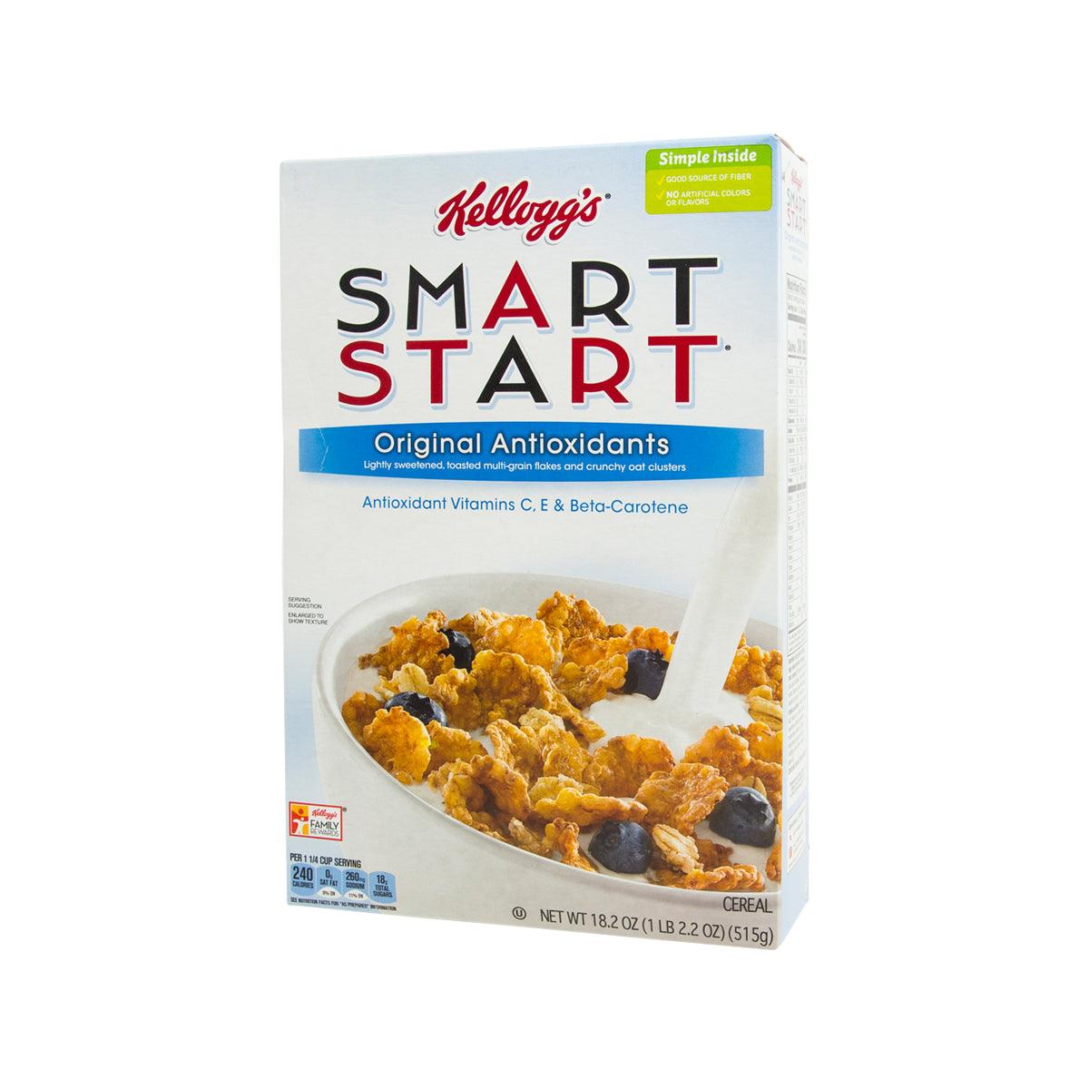 Kellogg's Smart Start original antioxidants cereal box with bowl of flakes graphic.