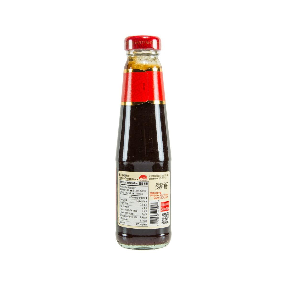 LEE KUM KEE premium oyster sauce bottle, back label view, red cap, dark brown