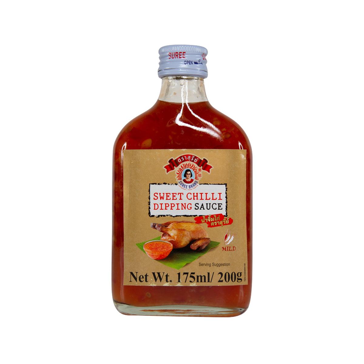 Sweet chili dipping sauce bottle with red glass and label, net 175 ml