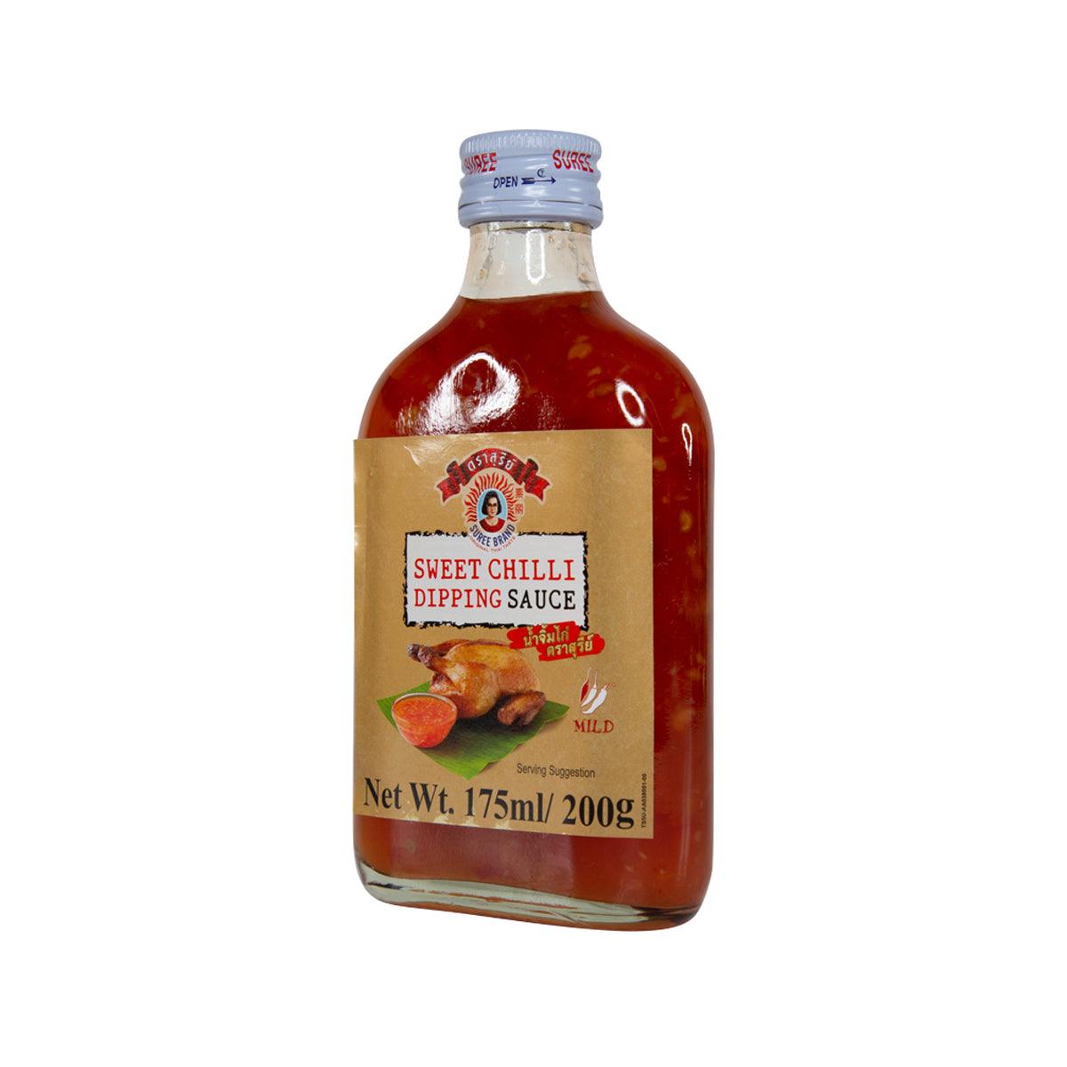 Sweet chili dipping sauce bottle, front label visible, red sauce in bottle