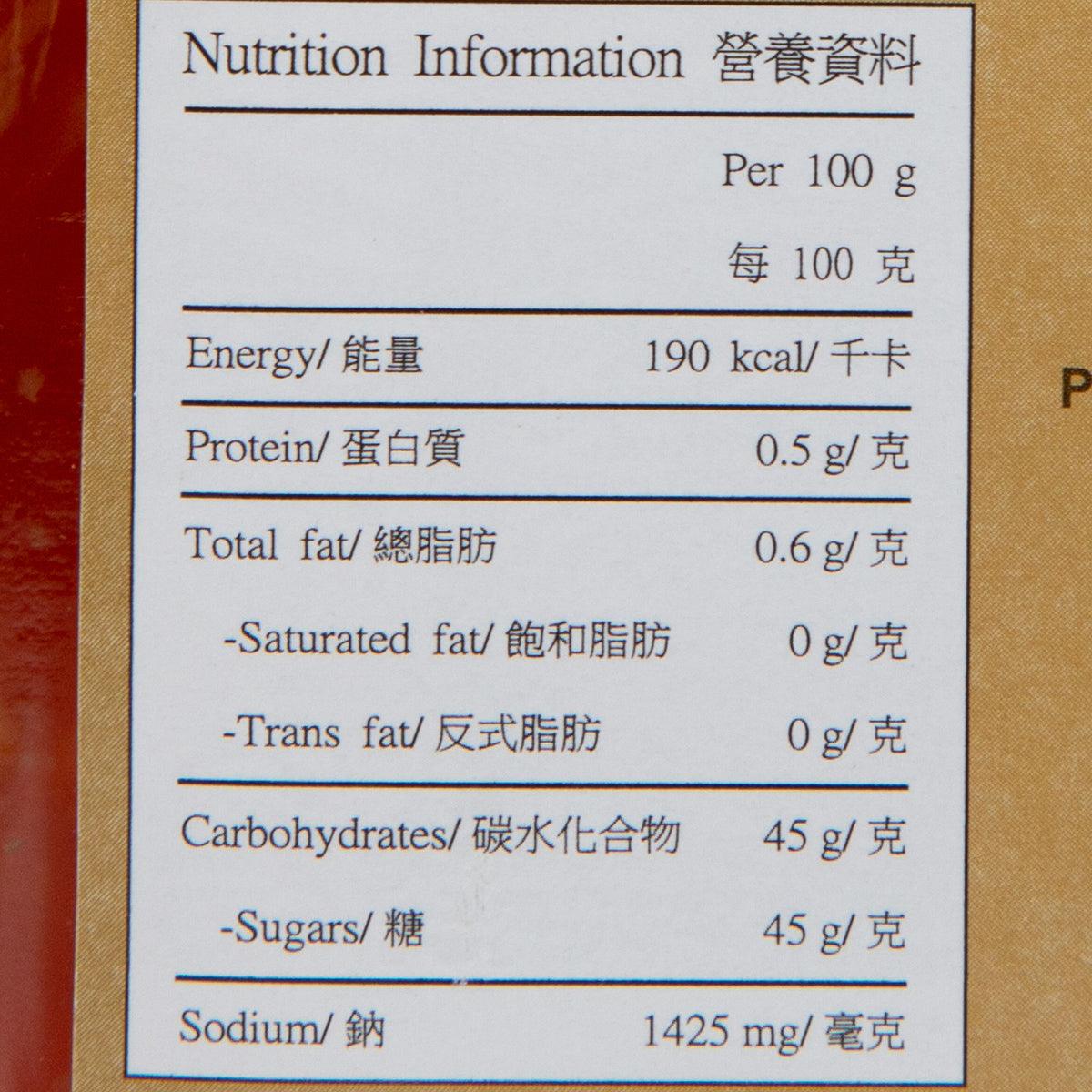 Nutrition information panel for sweet chili dipping sauce, per 100 g values