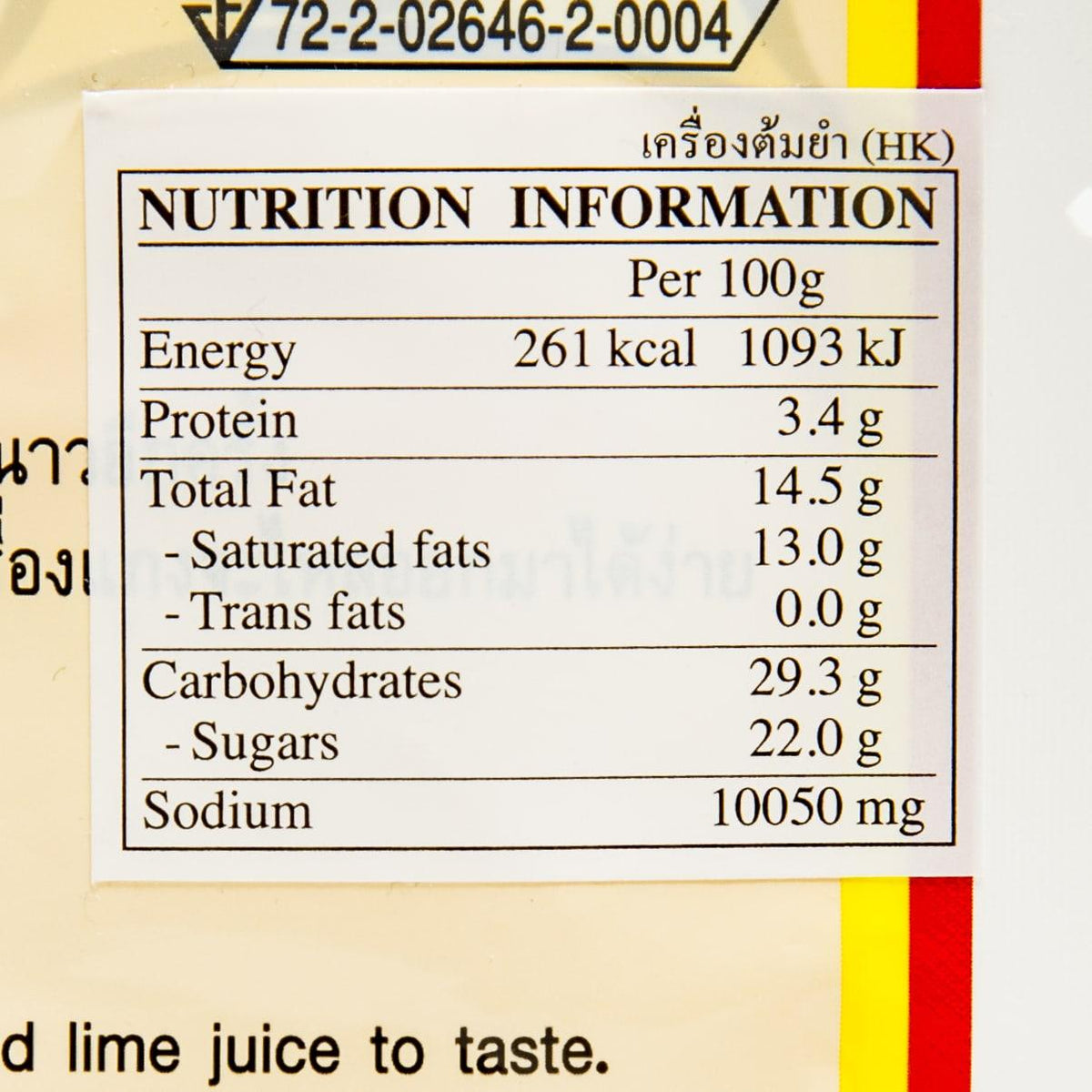 Tom Yum paste nutrition table close-up, per 100 g energy and macros