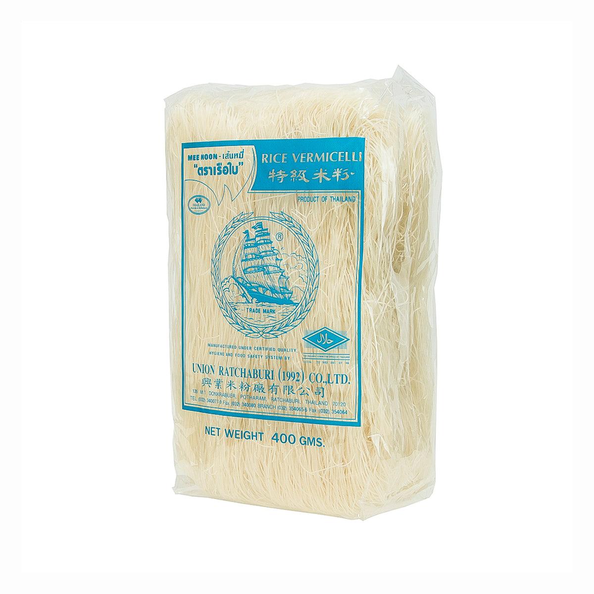 Rice vermicelli 400g pouch with blue label, sealed bag of thin noodles