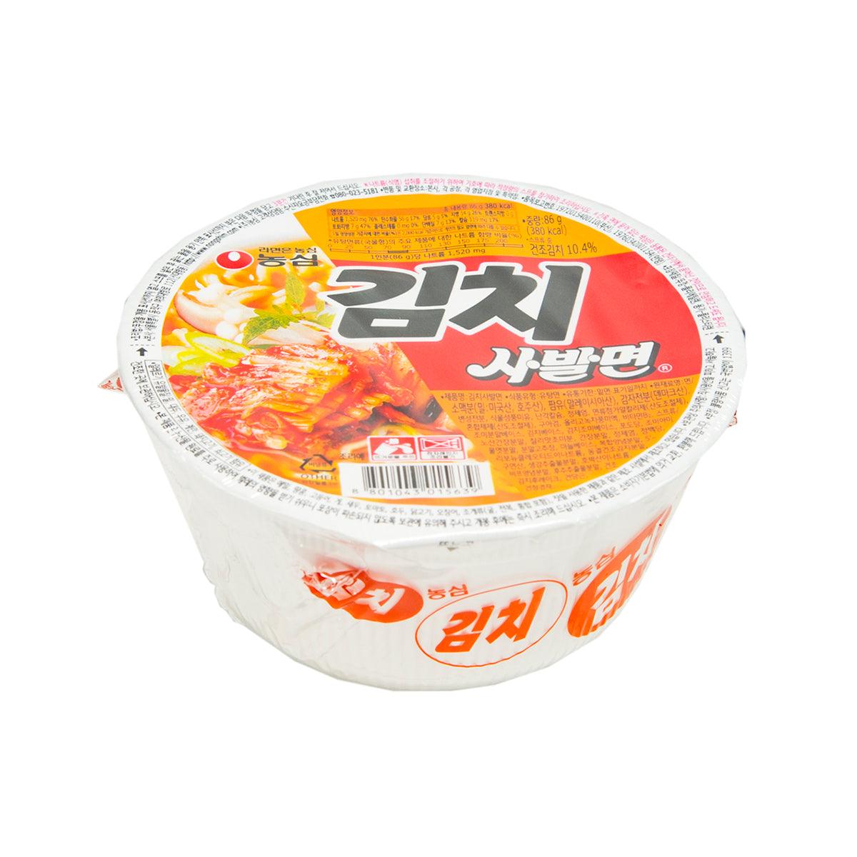 Kimchi flavor medium bowl noodle cup shown at an angle with red-orange label