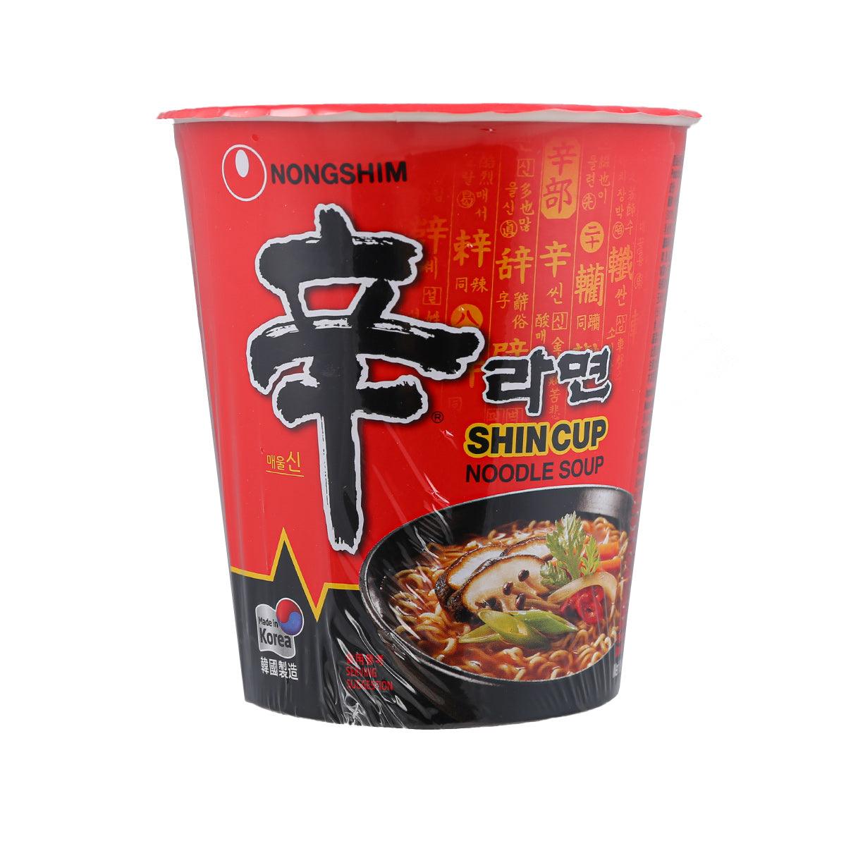 Red noodle soup cup with black bottom, NONGSHIM branding and ShinCup label