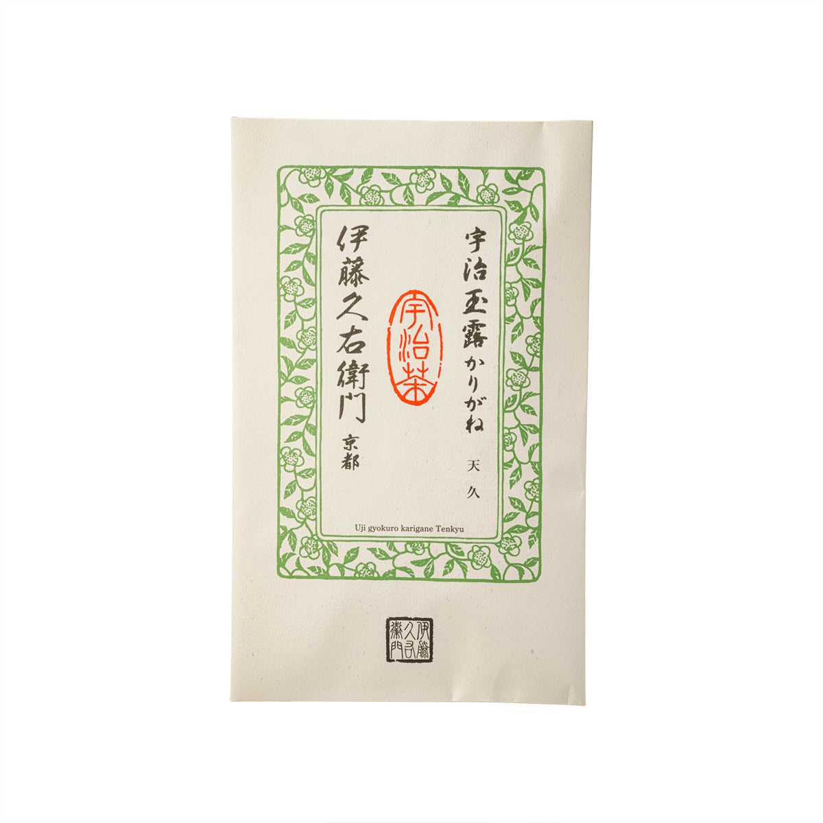 Green tea leaves pouch, 90g, green label with Japanese text and seal