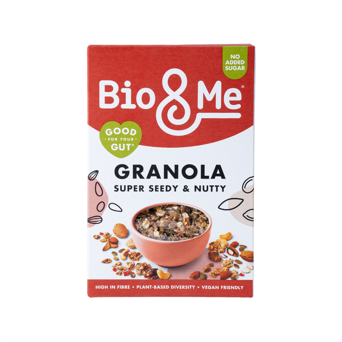 Bio & Me granola pouch, super seedy and nutty, no added sugar badge
