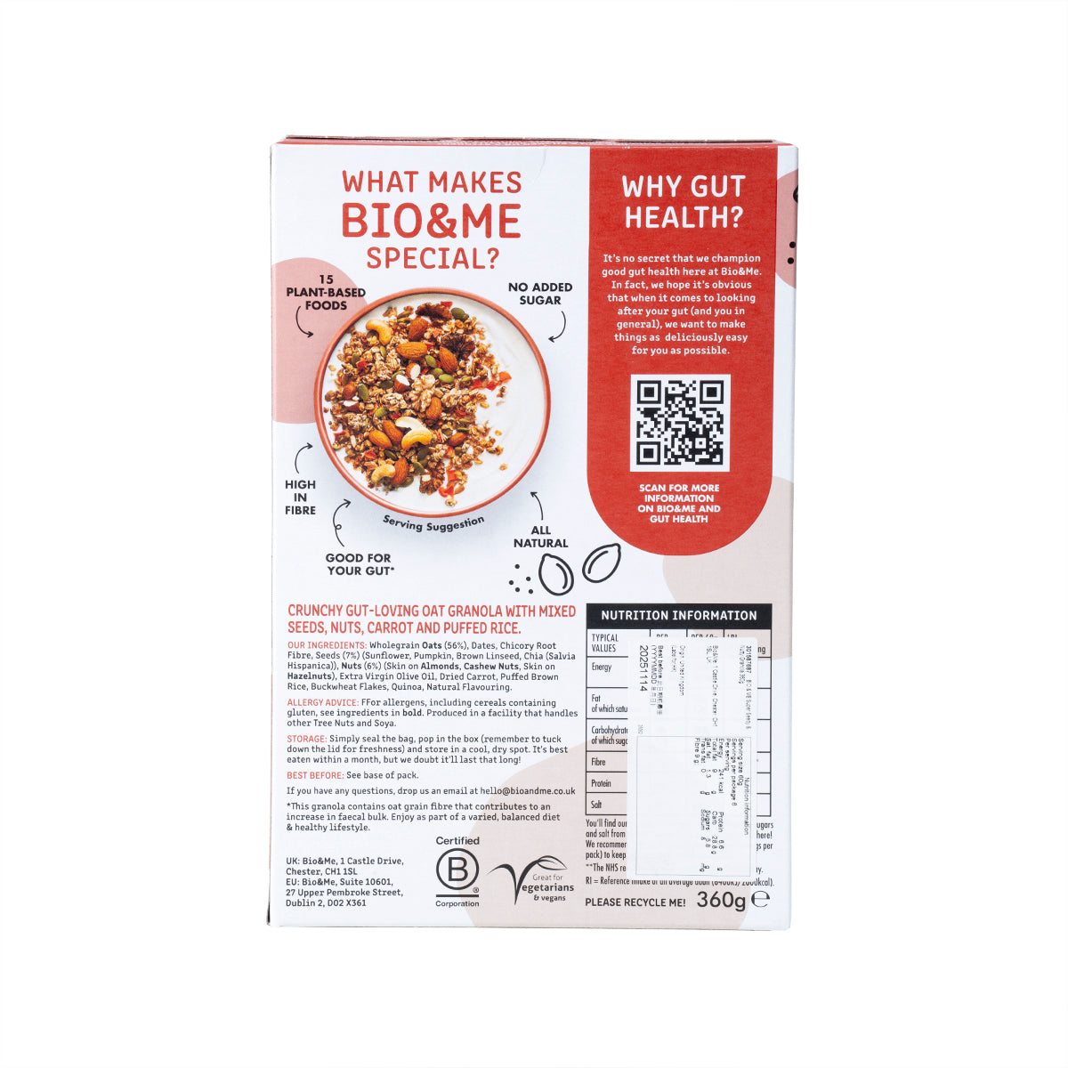 Bio & Me granola package back panel with benefits and nutrition information
