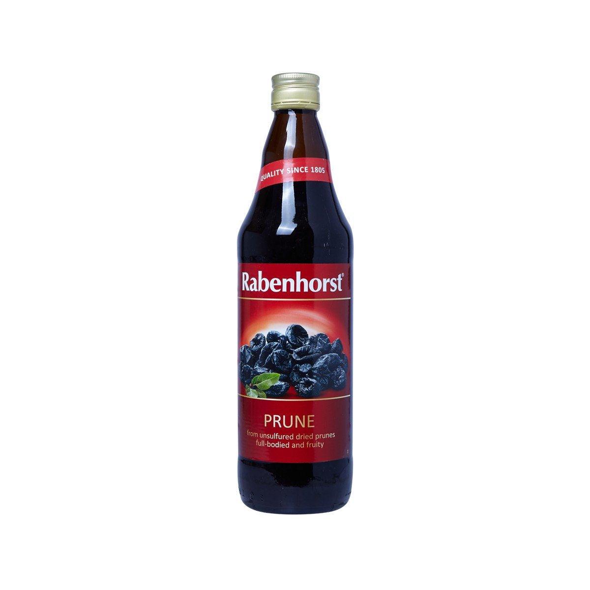 Rabenhorst prune drink bottle with front label and prune fruit graphics, dark glass