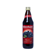 Rabenhorst prune drink bottle with front label and prune fruit graphics, dark glass