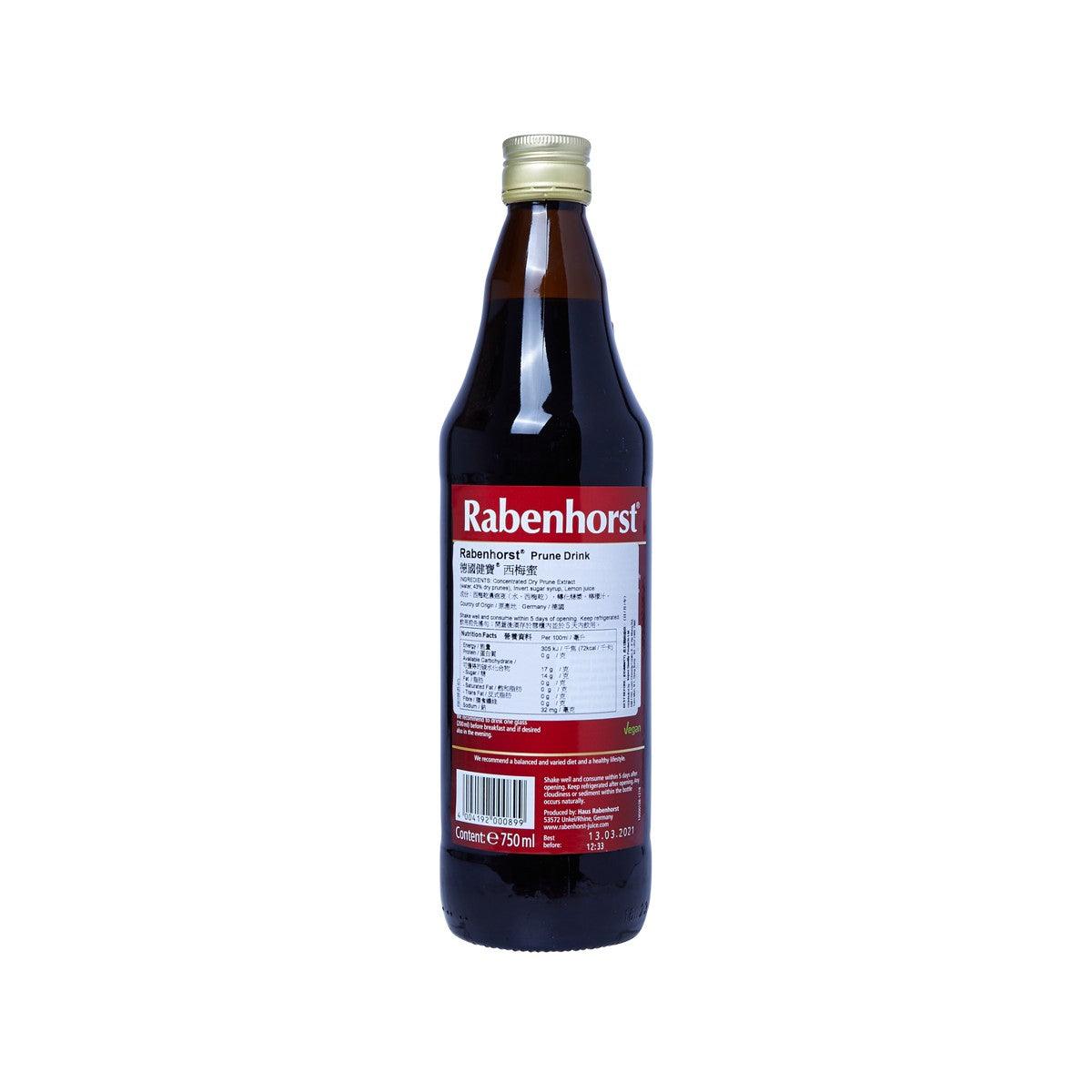 Rabenhorst prune drink bottle with back label text, dark glass and cap