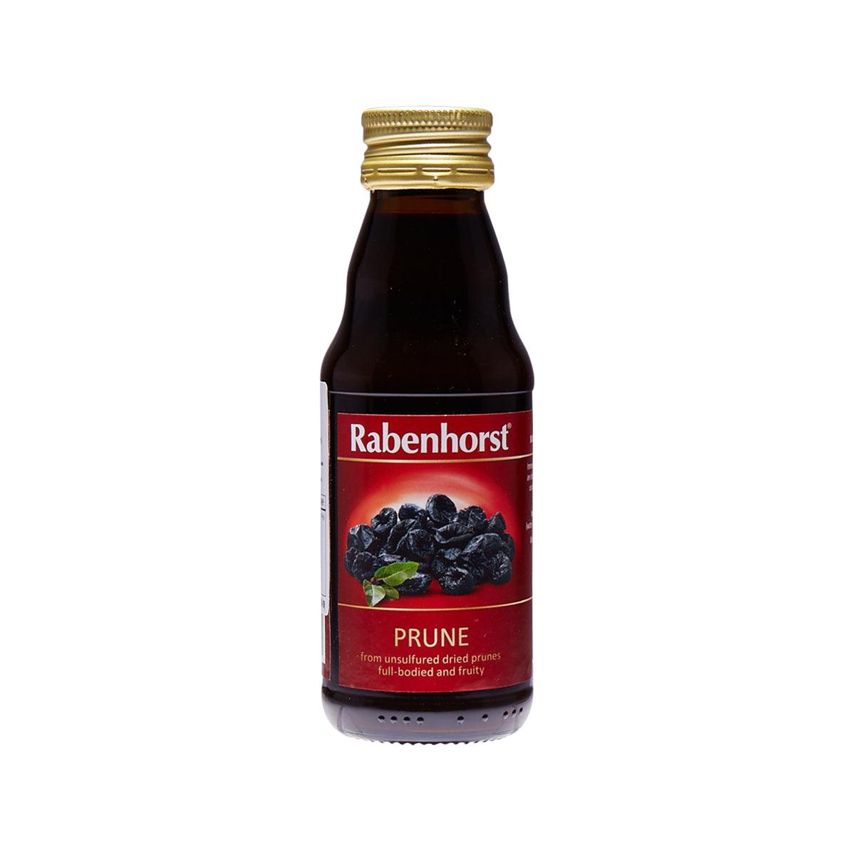 Rabenhorst prune drink bottle with red label and gold cap.