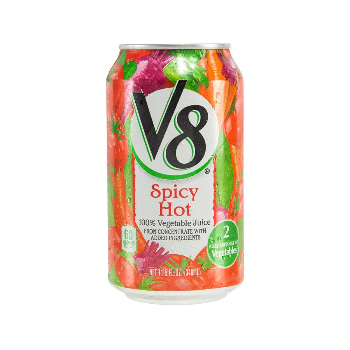 V8 Spicy Hot 100% vegetable juice can, red and green label