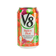 V8 Spicy Hot 100% vegetable juice can, red and green label