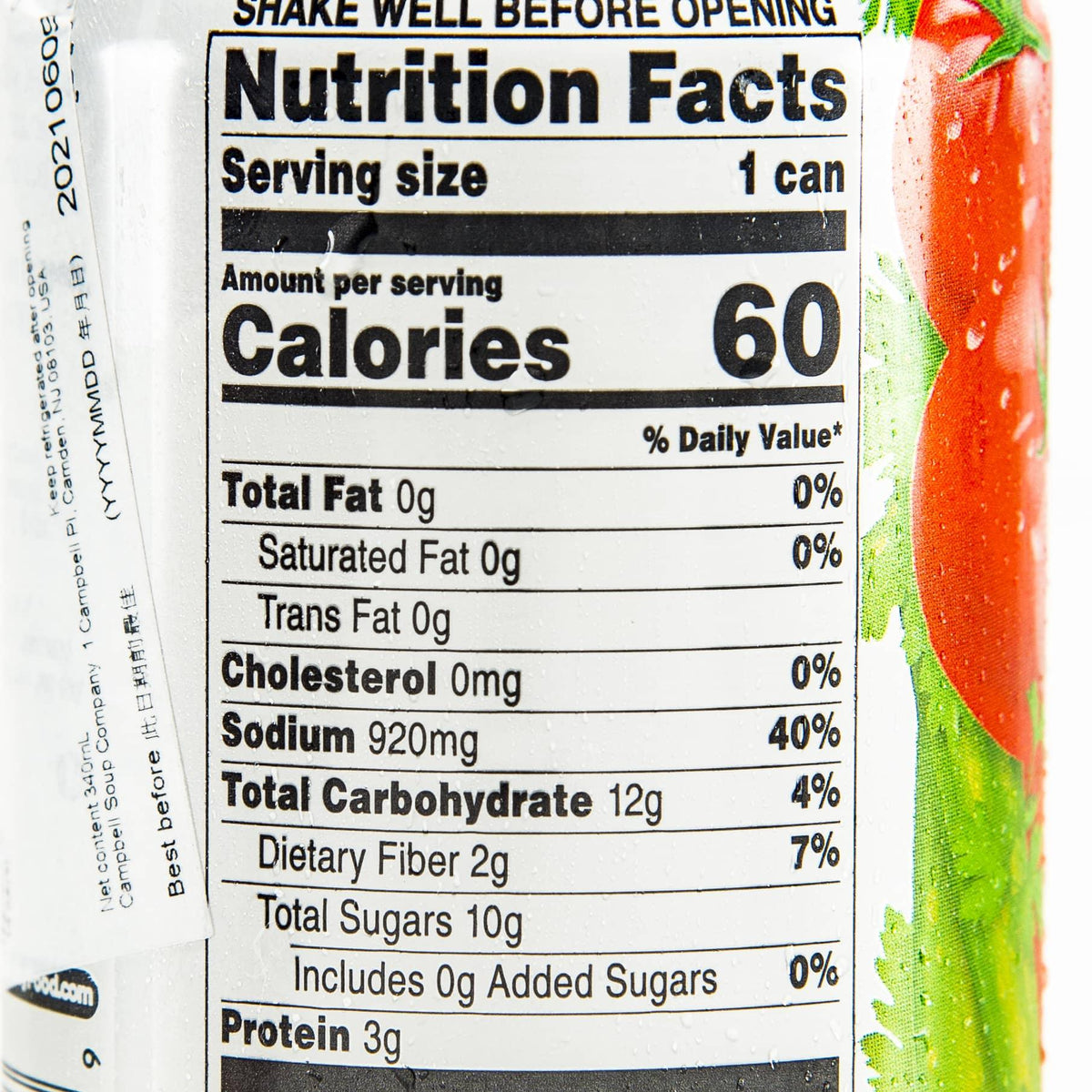 Nutrition Facts panel on V8 Spicy Hot juice can, serving size 1 can