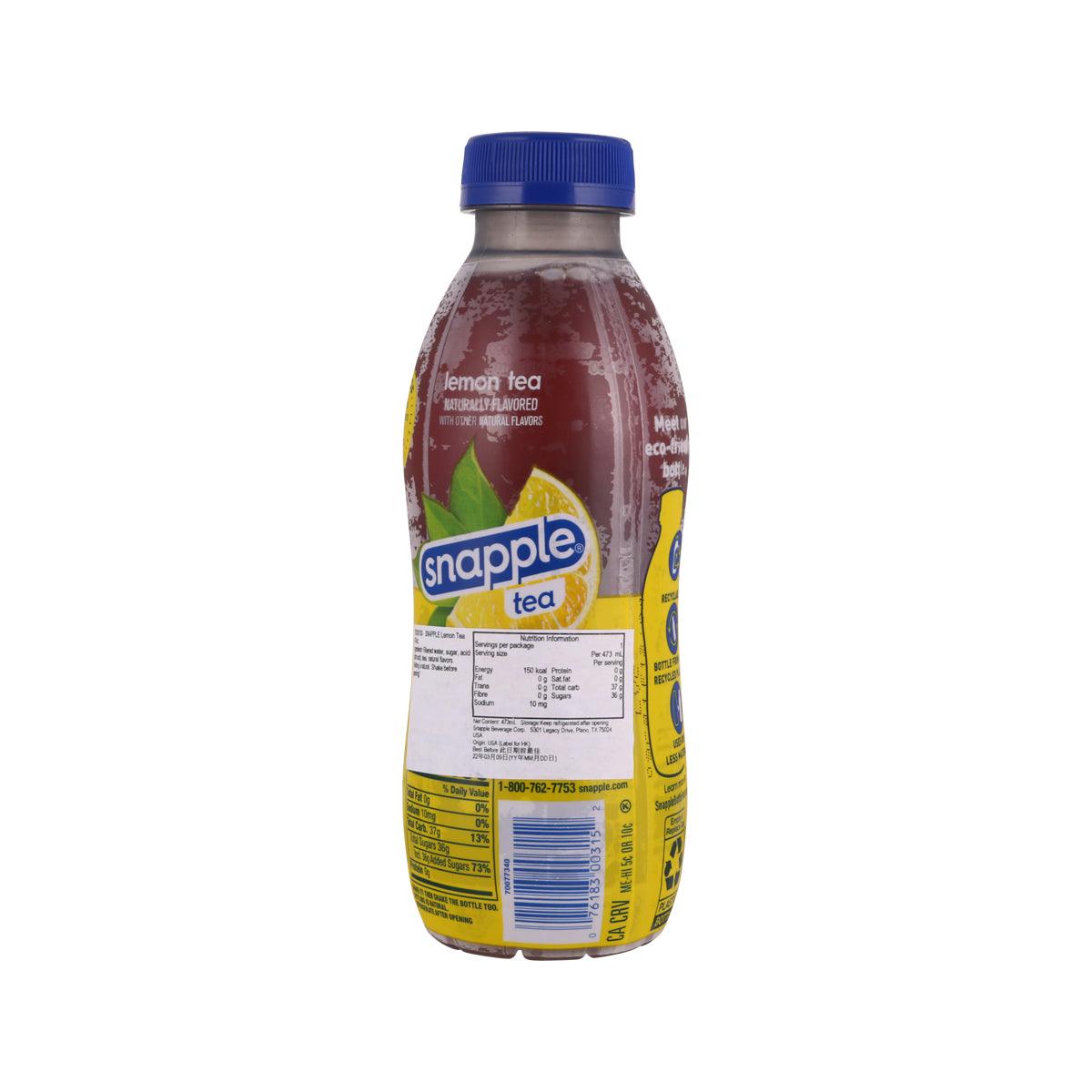 SNAPPLE lemon tea 473 mL bottle, back label view with barcode
