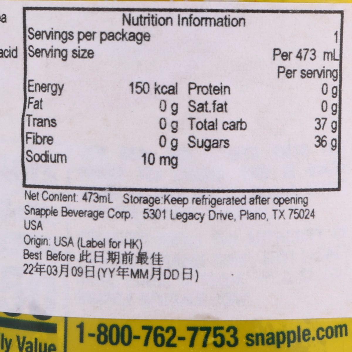 SNAPPLE lemon tea nutrition facts label with serving size per 473 mL