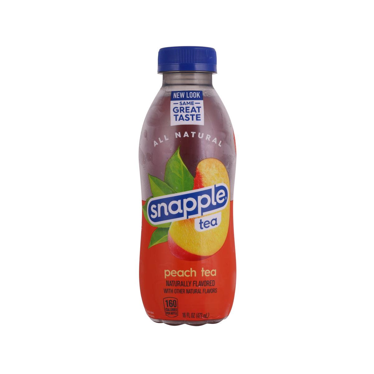 Peach tea drink bottle with blue cap, front label, 473 mL SNAPPLE