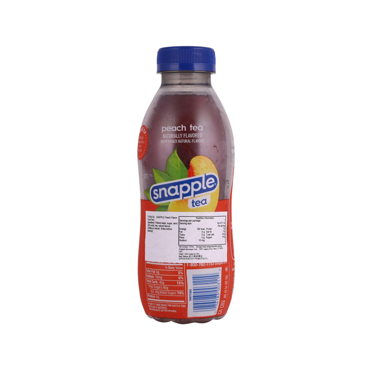 Peach tea drink bottle, back label view, blue cap, 473 mL SNAPPLE