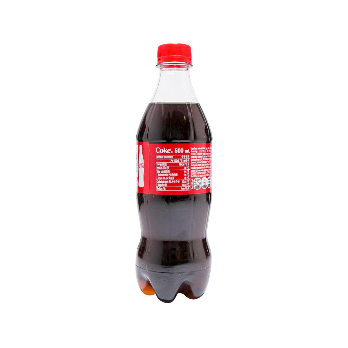 Coca-Cola Coke PET bottle labeled "Coke, 500 mL" with red cap