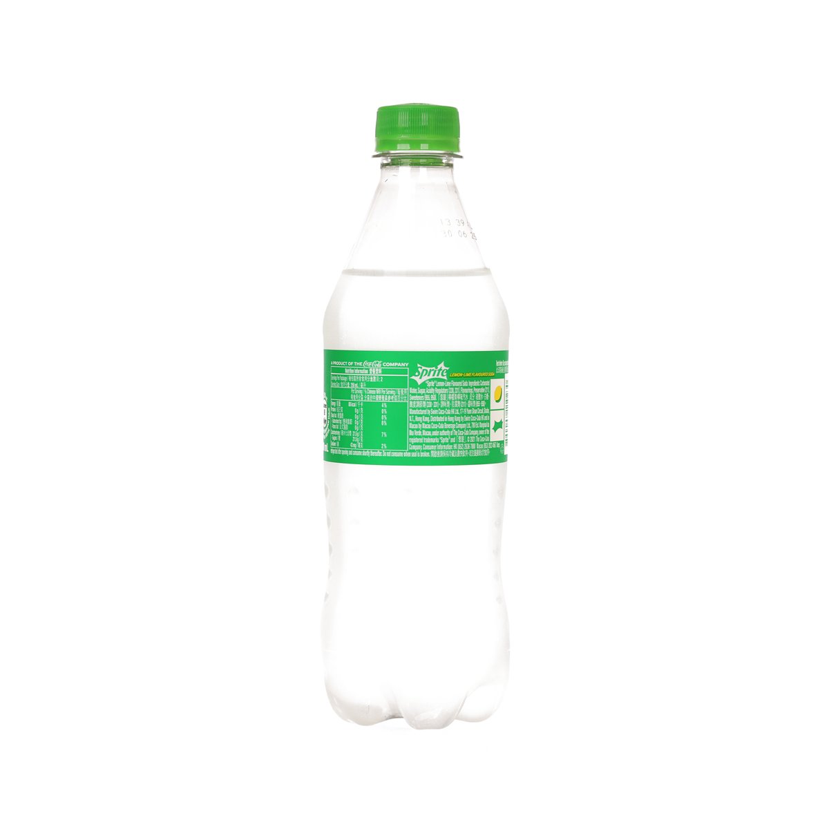 Sprite lemon-lime soda PET bottle, green cap, back label text, 500 mL
