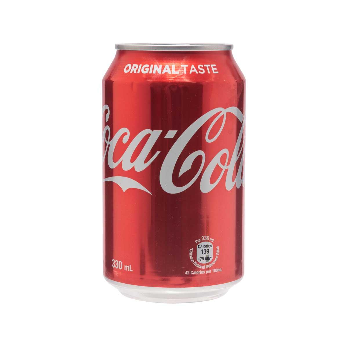 330 mL COCA-COLA Coke can, red with Coca-Cola logo and "Original Taste" text.