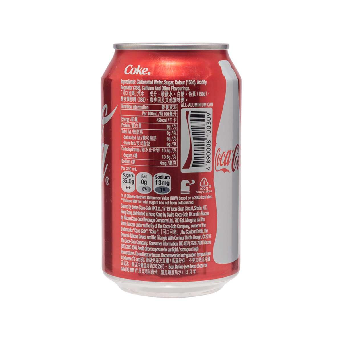 330 mL COCA-COLA Coke can, red back with nutrition facts and ingredients panel.
