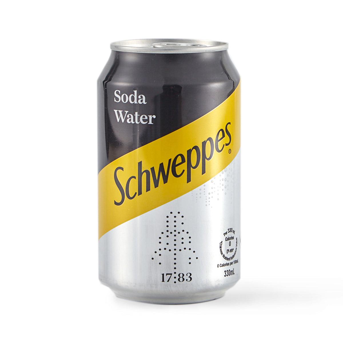 Schweppes soda water can, silver and black with yellow diagonal label