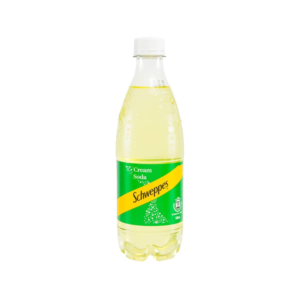Schweppes cream soda PET bottle, clear yellow drink, green label, plastic cap