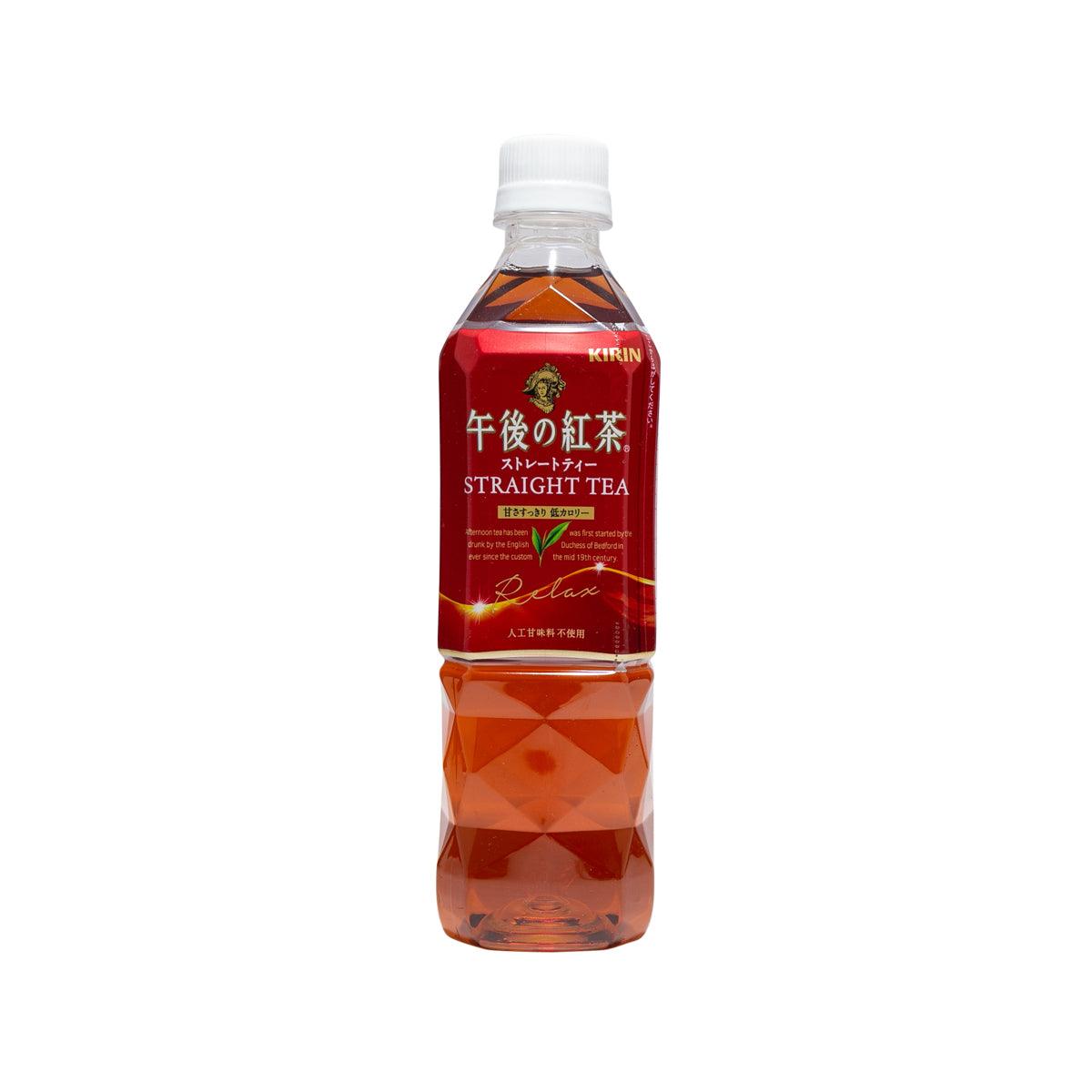 KIRIN straight tea 500 mL bottle with red label and clear amber drink, white cap