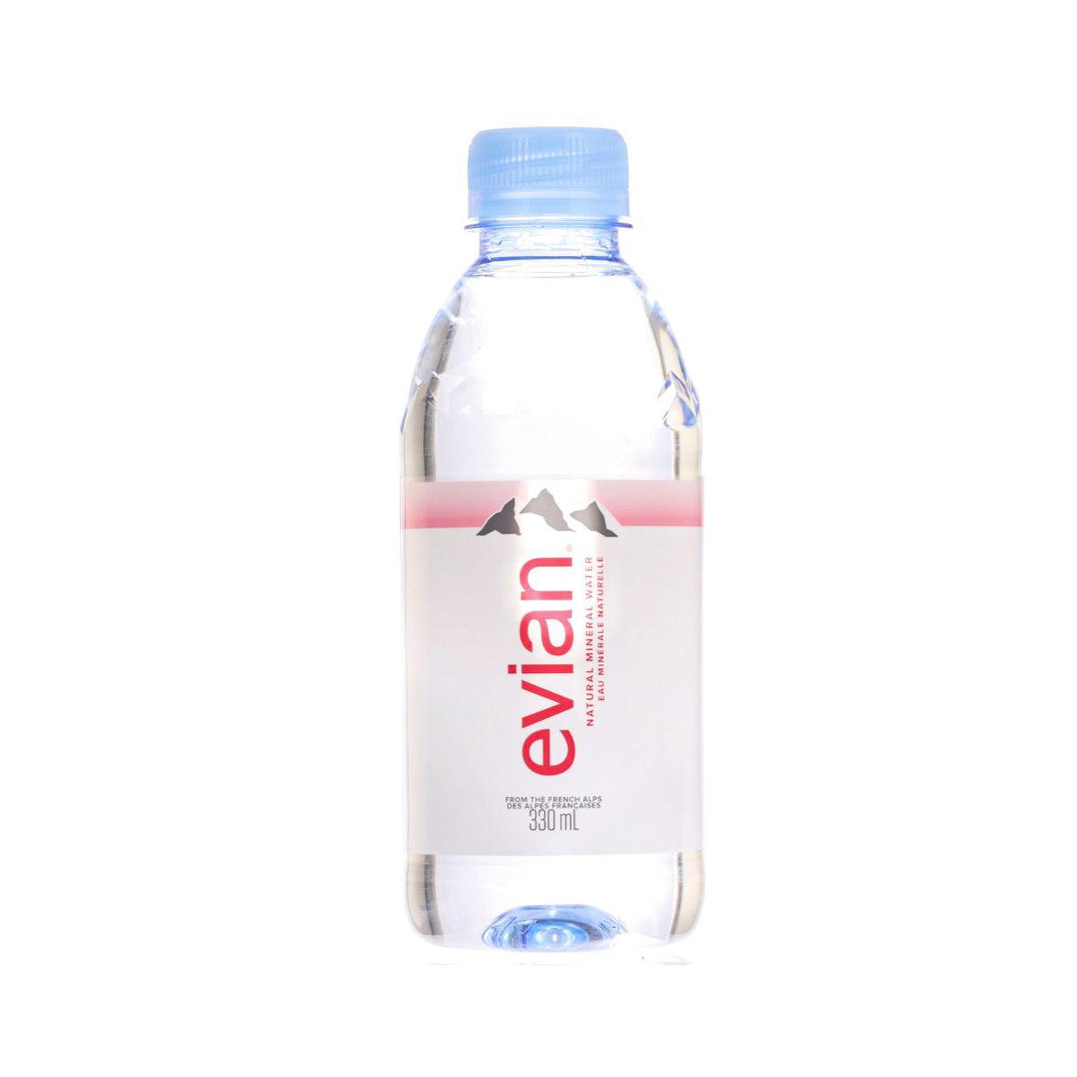 EVIAN natural mineral water bottle, 330 mL, clear plastic with blue cap