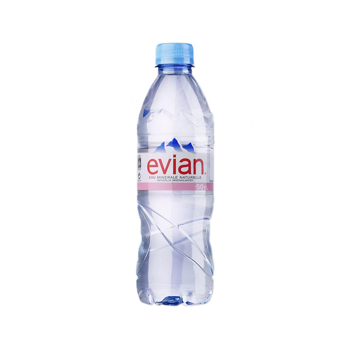 EVIAN natural mineral water bottle, 500 mL, blue cap and front label