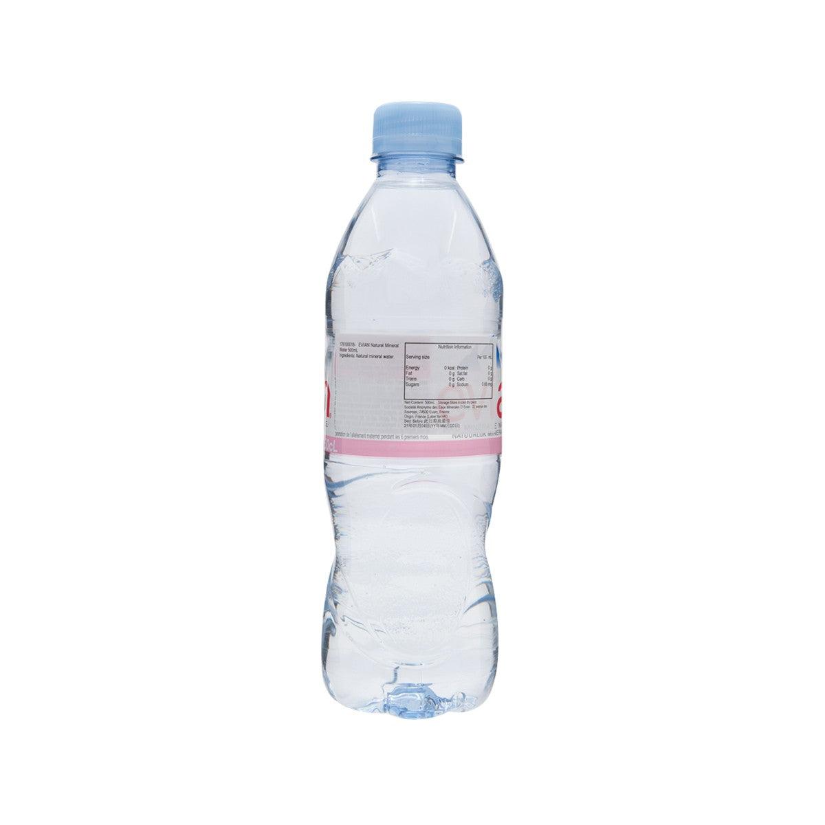 EVIAN natural mineral water bottle, 500 mL, back label and blue cap