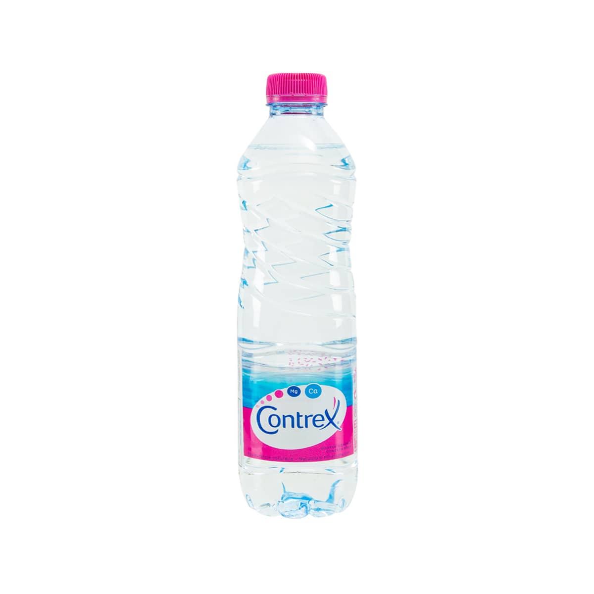 Contrex natural mineral water bottle, clear 500 mL with pink cap and logo