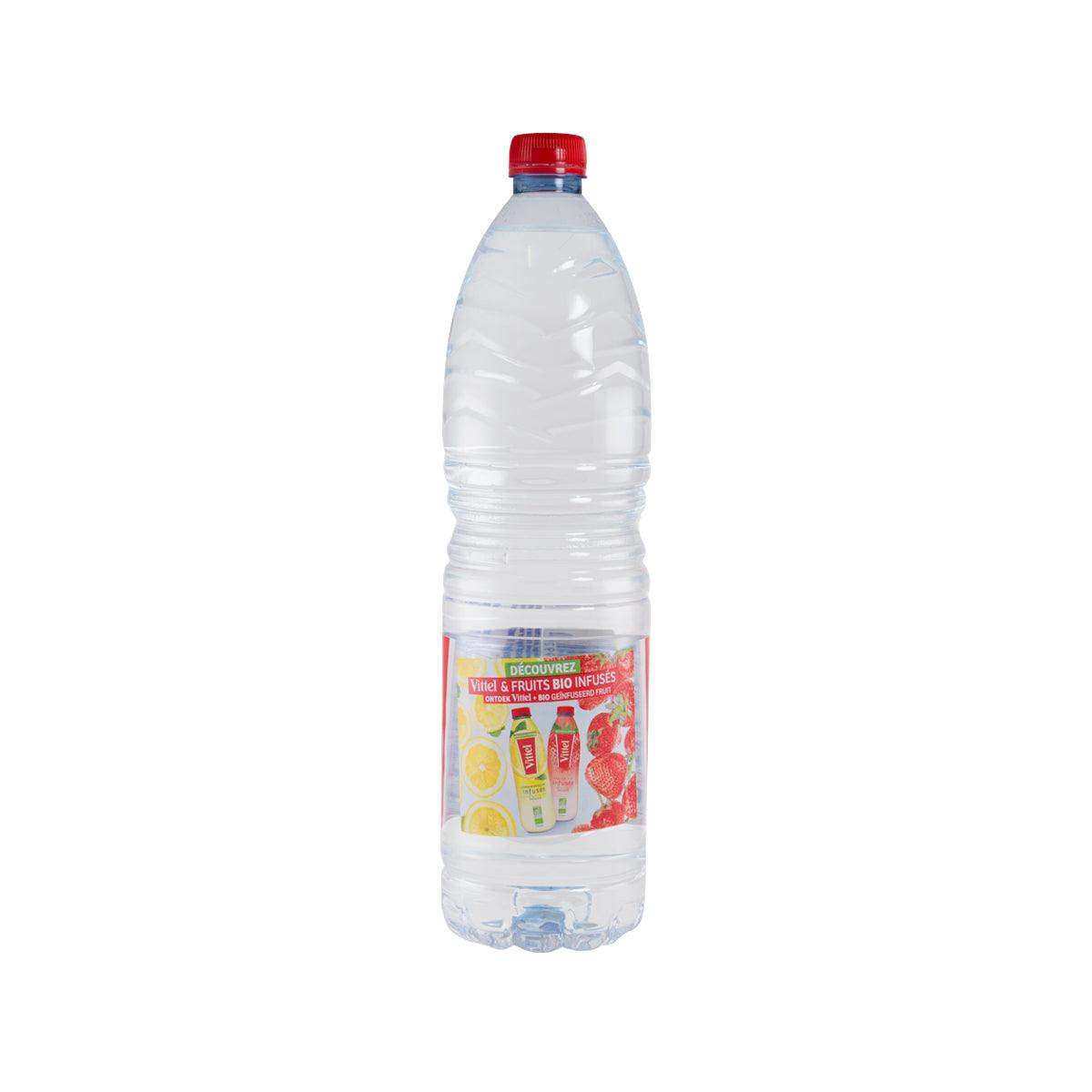 VITTEL natural mineral water bottle, 1.5L, clear plastic with red cap