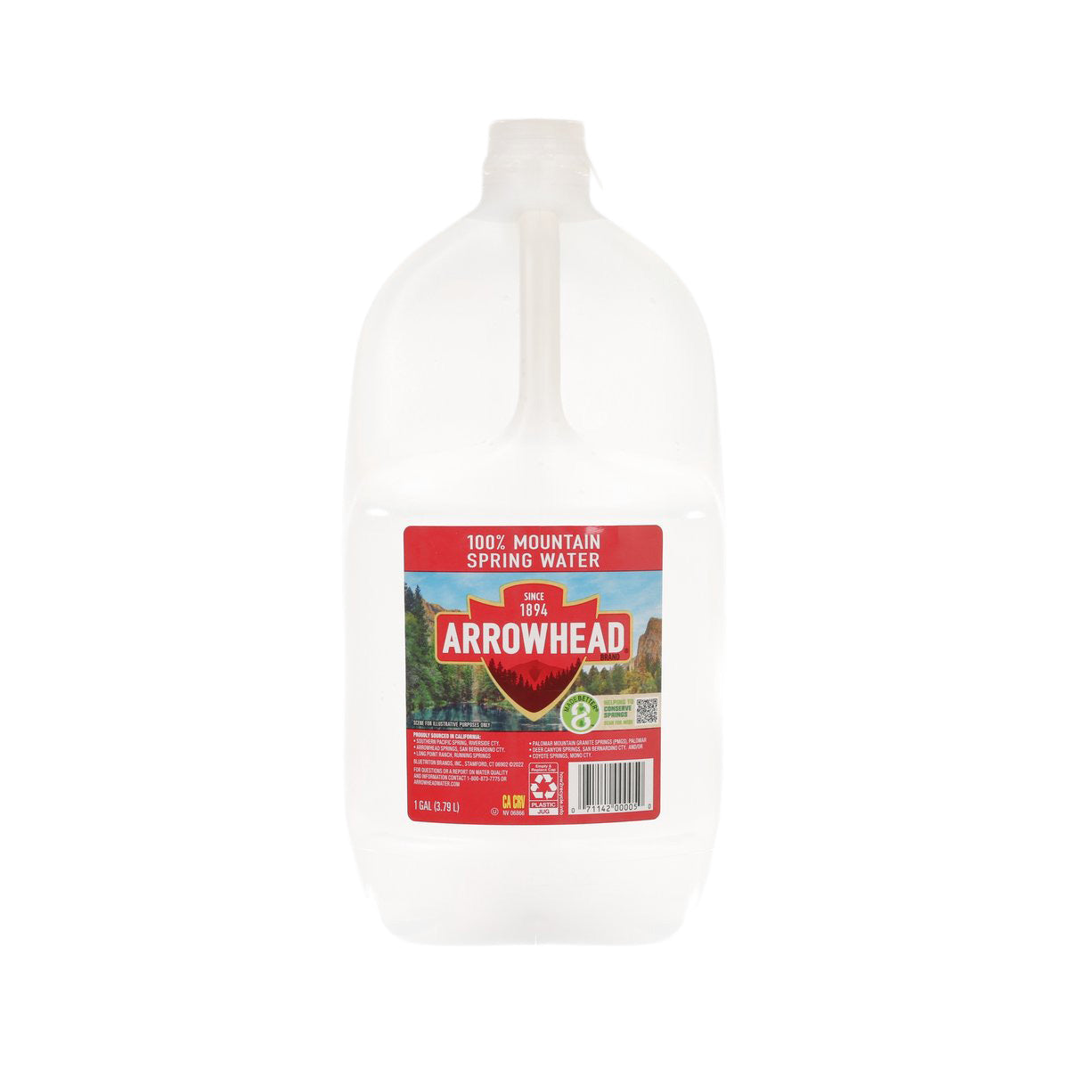 ARROWHEAD mountain spring water jug with red label, clear plastic bottle