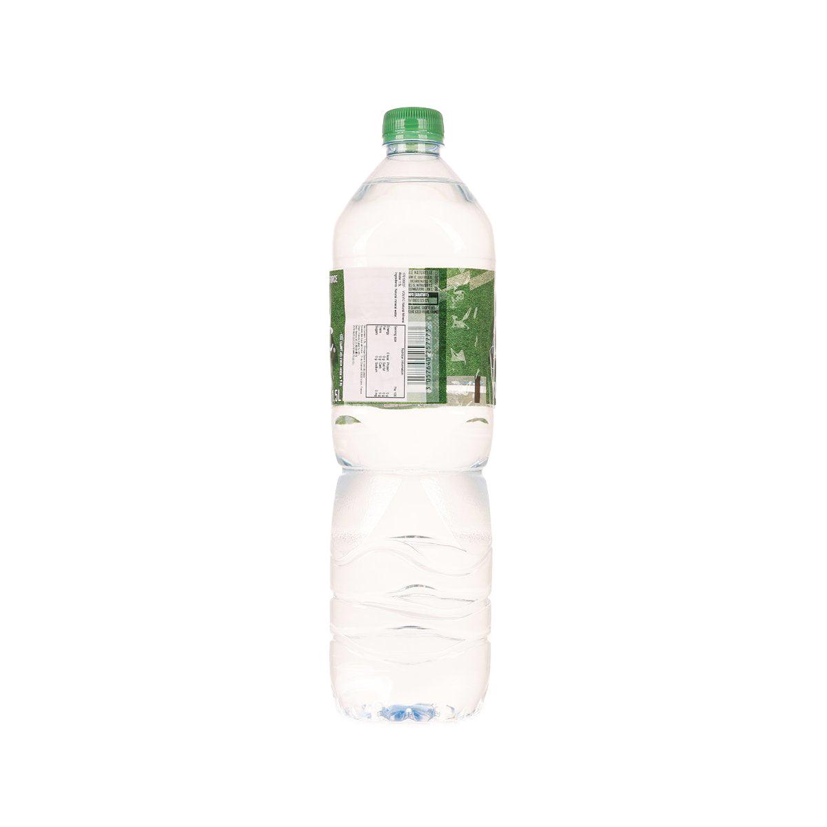 1.5L Volvic natural mineral water bottle with green cap and side label panel