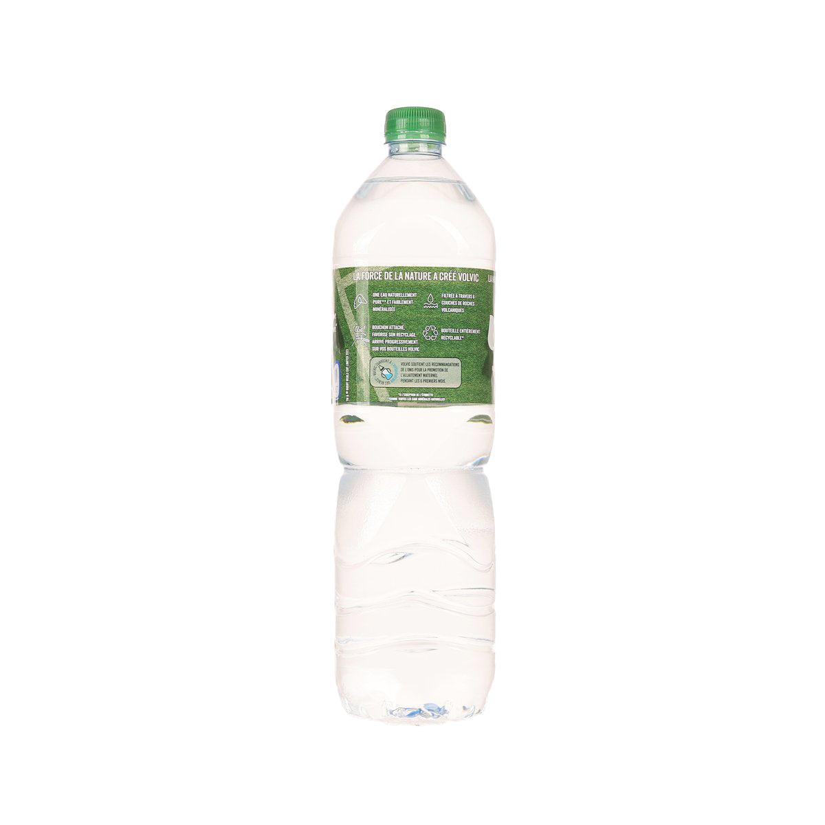 1.5L Volvic natural mineral water bottle with green cap and back label