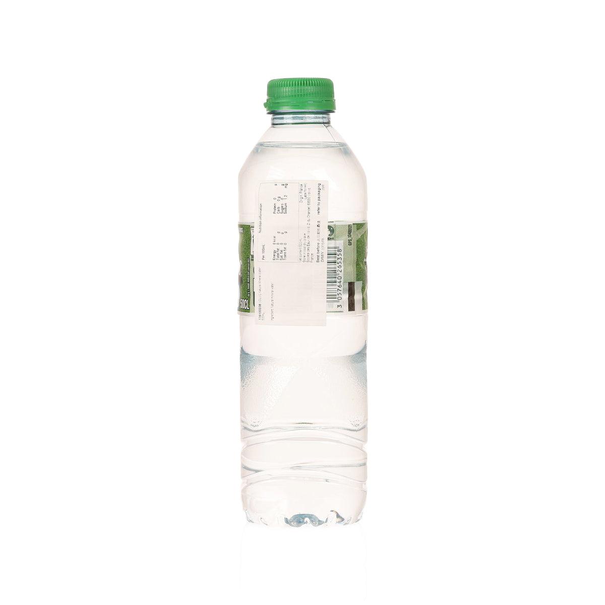 VOLVIC 500 mL clear mineral water bottle with green cap and back label